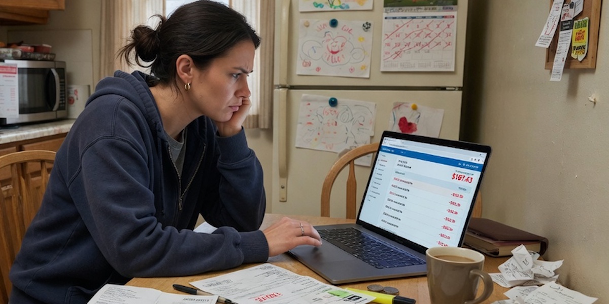 Five Money Secrets - Woman stressed while checking bills on her phone