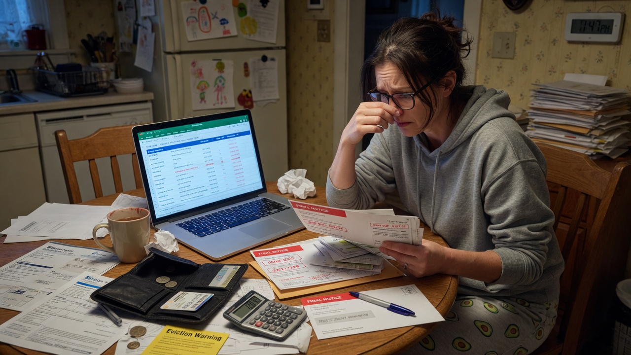 Living Paycheck to Paycheck? Stressed woman sitting at kitchen table looking at bills with empty wallet and laptop.